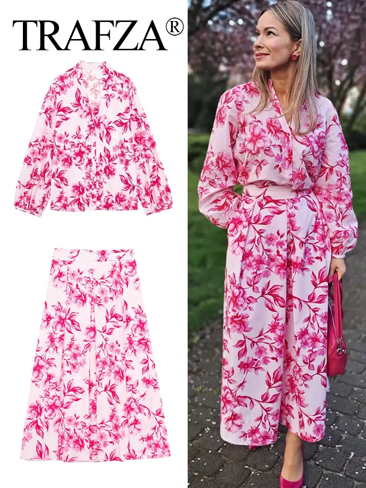 TRAFZA donna rosa stampa floreale camicetta gonna vestito maniche lunghe camicie cerniera posteriore gonne a vita alta donna dolce Streetwear set