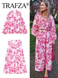 TRAFZA Women Pink Floral Print Blouse Skirt Suit Long Sleeves Shirts Back Zipper High Waist Skirts Woman Sweet Streetwear Sets