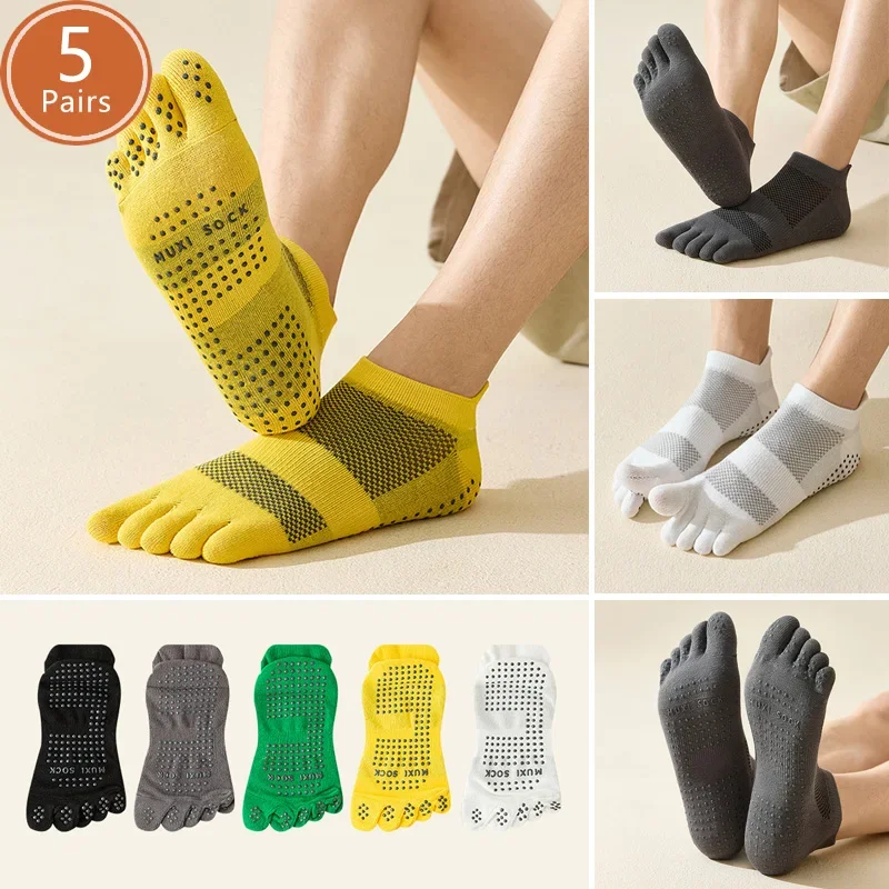 

1/5 Pairs Men Non Slip Yoga Socks Five Finger Cotton Breathable Pilates Sports Socks Anti Slip Grip Athletic Socks