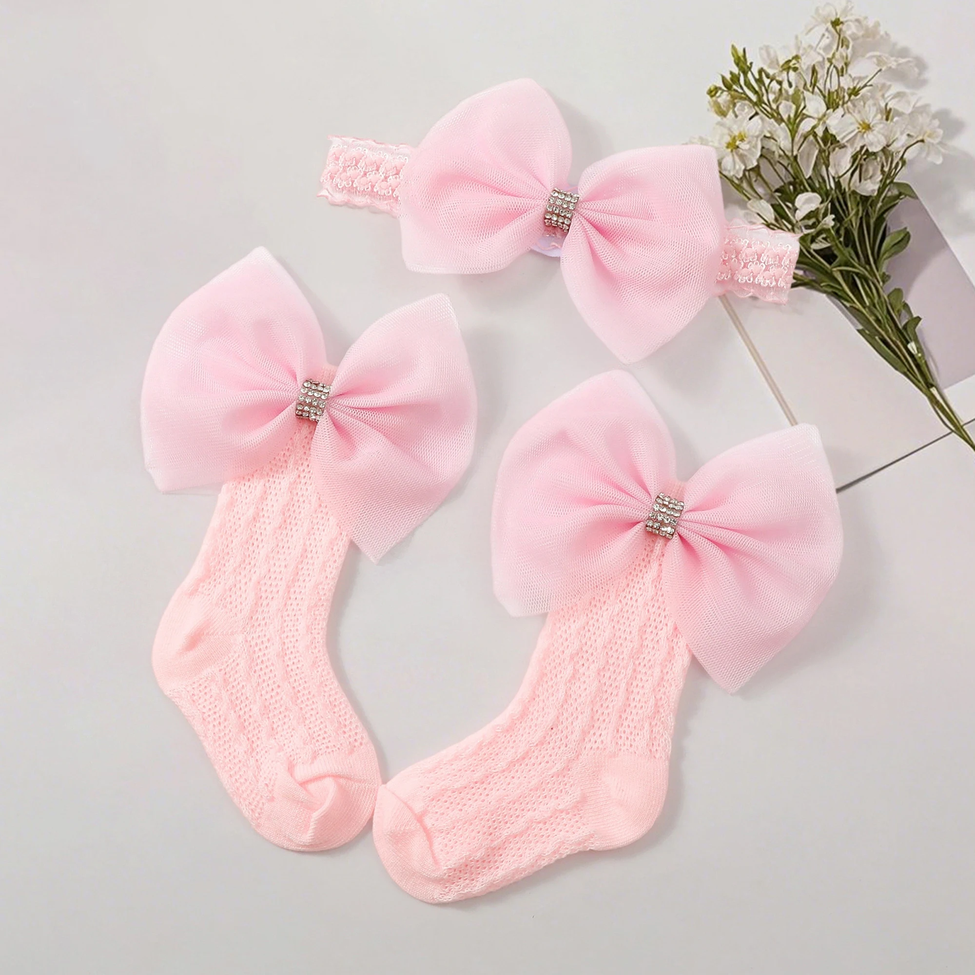 

Baby Girls Socks Headband Set Mesh Bow Knit Princess Socks for Party Wedding Photography