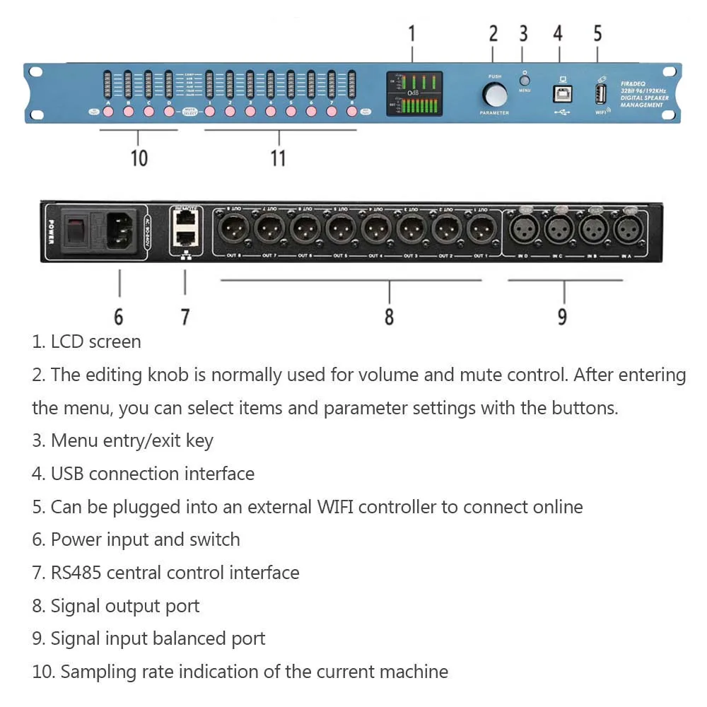DP48X Professional Digital Audio Processor 4Input 8Output Drive Rack Procesador With RIR DEQ 192KHZ Speaker Management System