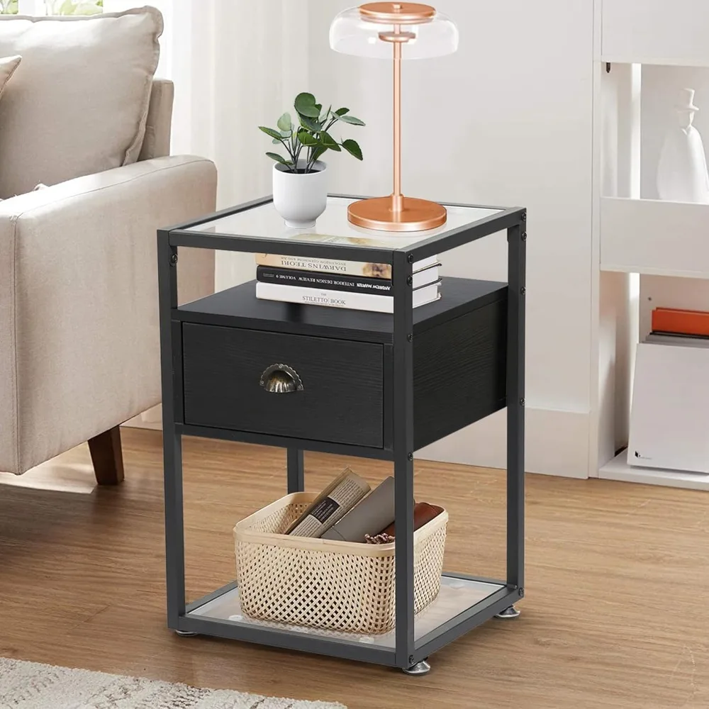 

Bedside table, glass side table with drawers and shelves, suitable for living room, bedroom, lounge, 2-piece set