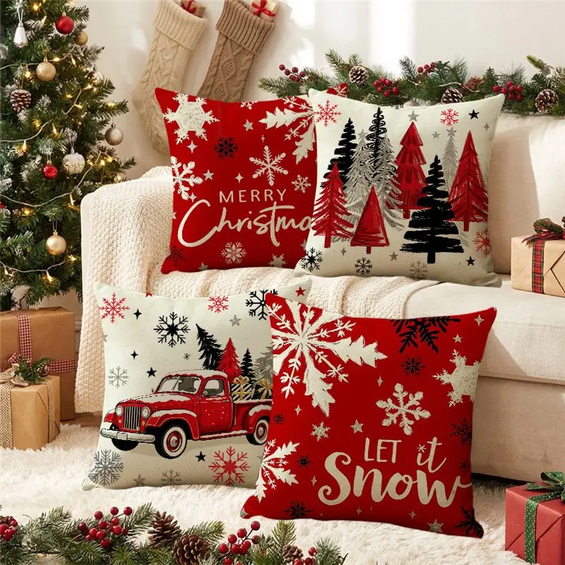 VIKAMA Christmas Cushion Cover Red Black Xmas Tree Snowflake Vintage Red Truck Print Throw Pillow Cover Sofa Holiday Home Decor