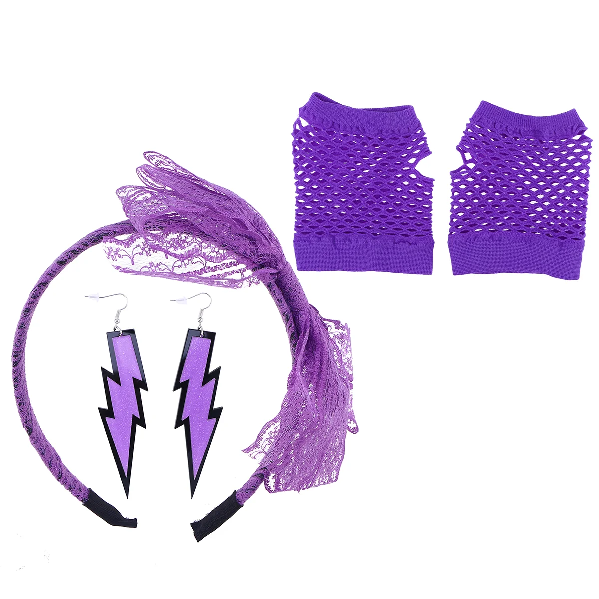 Lace Headband Neon Earrings Gloves 80s Party Halloween Costume Accessories Retro Women Hair Band Set Fits Most