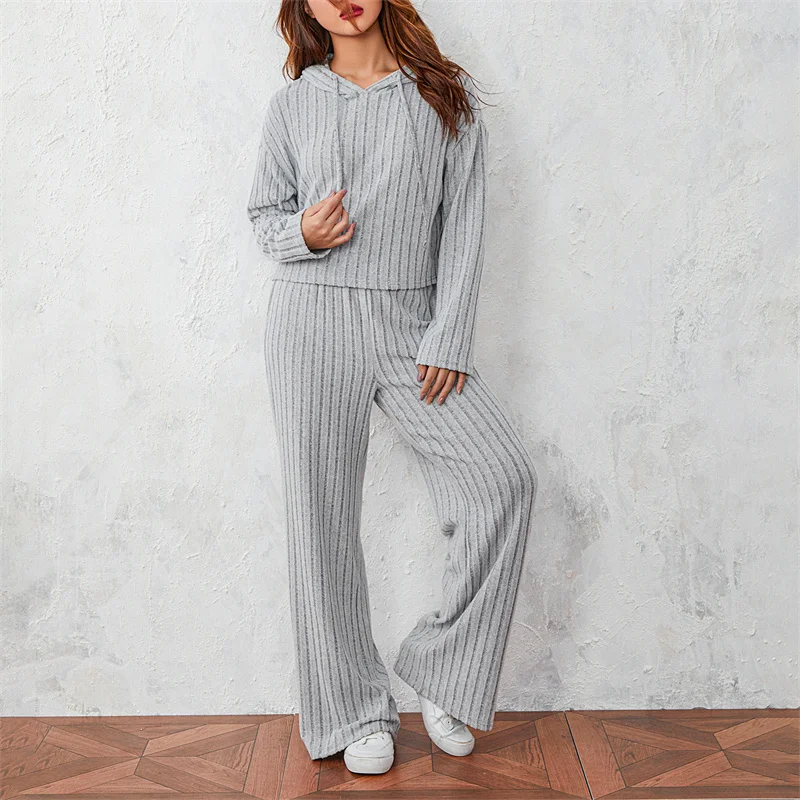 Fall Spring Outfits Women Rib Knitted 2Pcs Solid Long Sleeve Hoodies Tops Sweater and Elastic Waist Pants Suit Casual Homewear