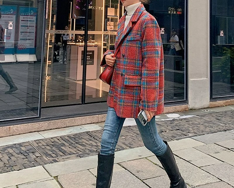 

Утолщенная шерстяная куртка в клетку, женская осень 2026, новый свободный и тонкий маленький костюм в британском стиле в стиле ретро