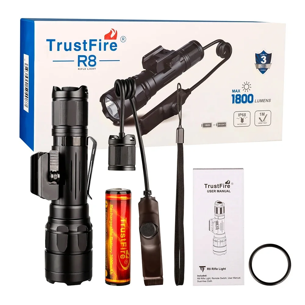 

Powerful TrustFire Tactical Hunting Flashlight 1800Lumen 350m Range LED Torch Light 18650 Battery for 20mm Rail Mounted