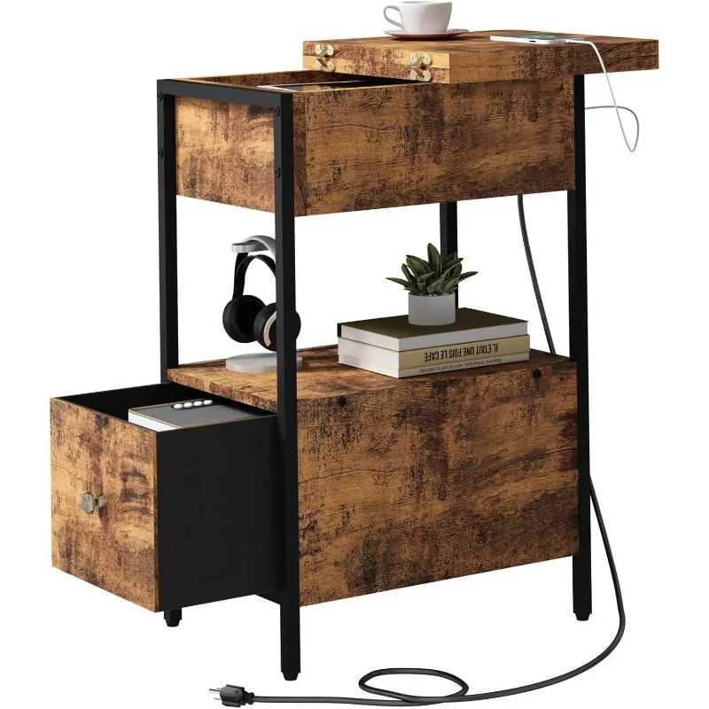 

End Table with Charging Station, Narrow Side Table with Flip Top Cabinet and Fabric Drawer, Nightstand Bedside Tables
