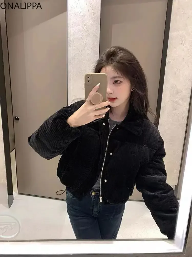 Onalippa Corduroy Cropped Jackets for Women Drawstring Solid Turn Down Collar Quilted Coat Korean Loose Winter Clothes Warm