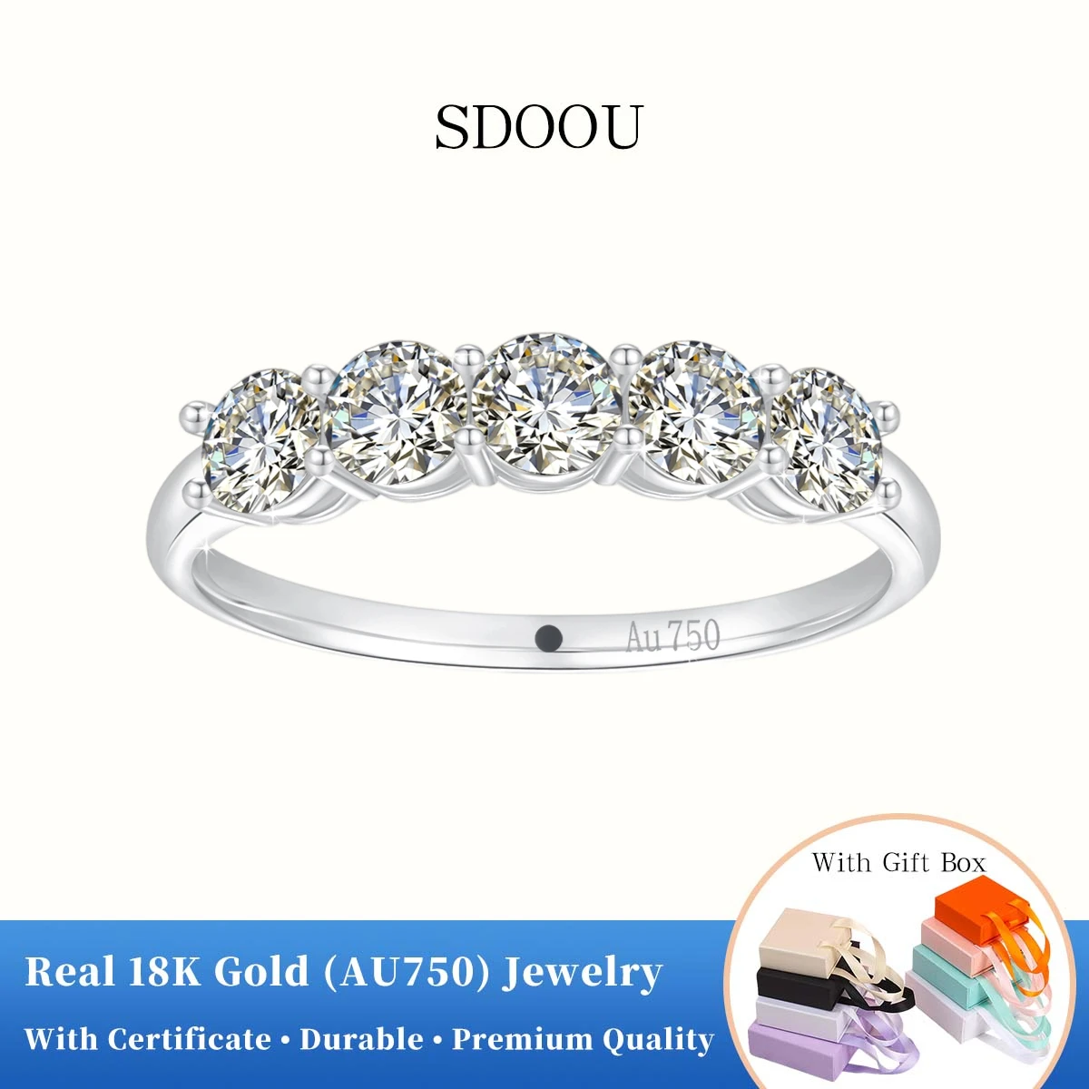 

D VVS1 3mm 5 Stone Moissanite Diamond Ring 18K Gold Pass Diamond Tester Classic Match Wedding Eternity Band with GRA For Female