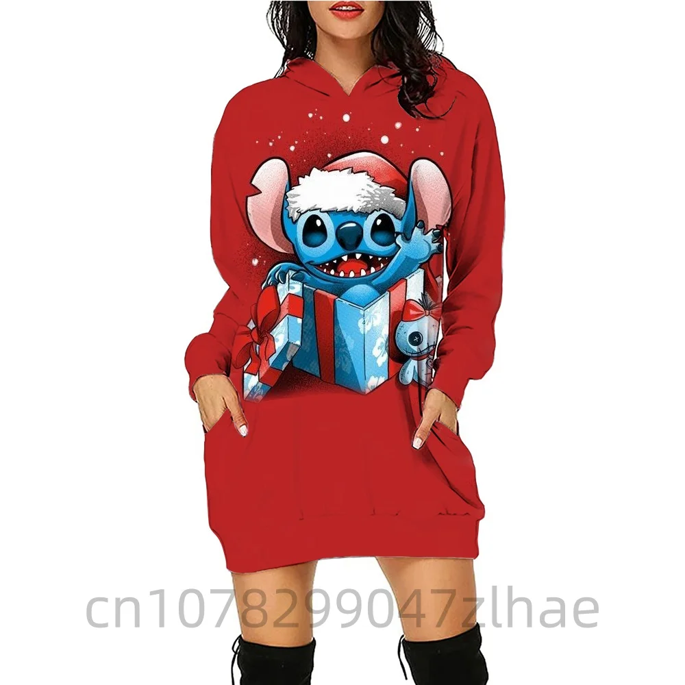 Kawaii Disney Stitch Women's Hoodies Dress Youthful Woman Clothes Christmas Winter New 3D Print Ladies Fashion Streetwear Y2k