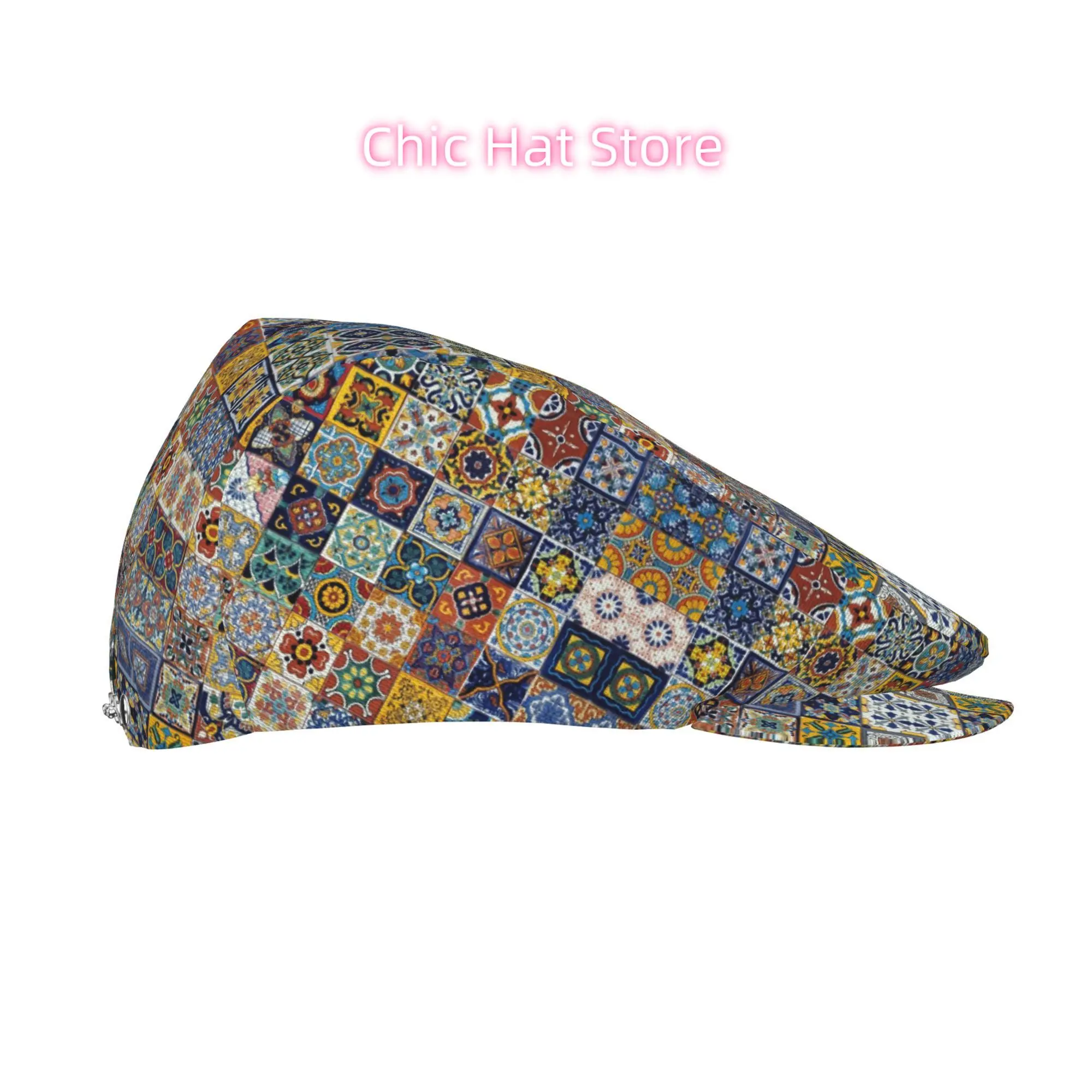 1pc Art Deco Tile Mosaic All-Over Print Flat-Top Hats for Men And Women, Newsboy Caps, Berets, Irish Hats, Driver Caps, Retro Ha