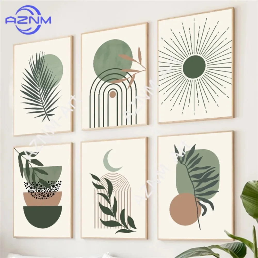1 Stück/6 Stück Moderne Kleine Frische Nordische Grünpflanzen-Blätter Abstrakte Geometrie Wohnzimmer Apartment Poster Dekoration Gemälde