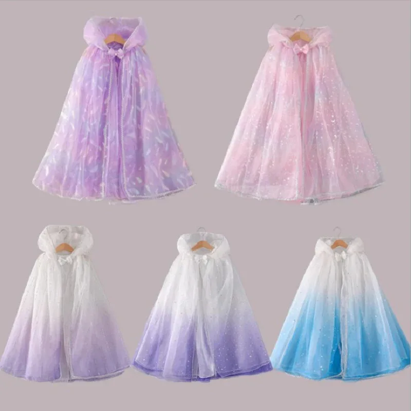 

Cosplay Princess Cloak For Kids Mesh Cape Hooded Gradient Color Coat Girls Queen Fairy Elves Jacket Halloween Costumes Dress