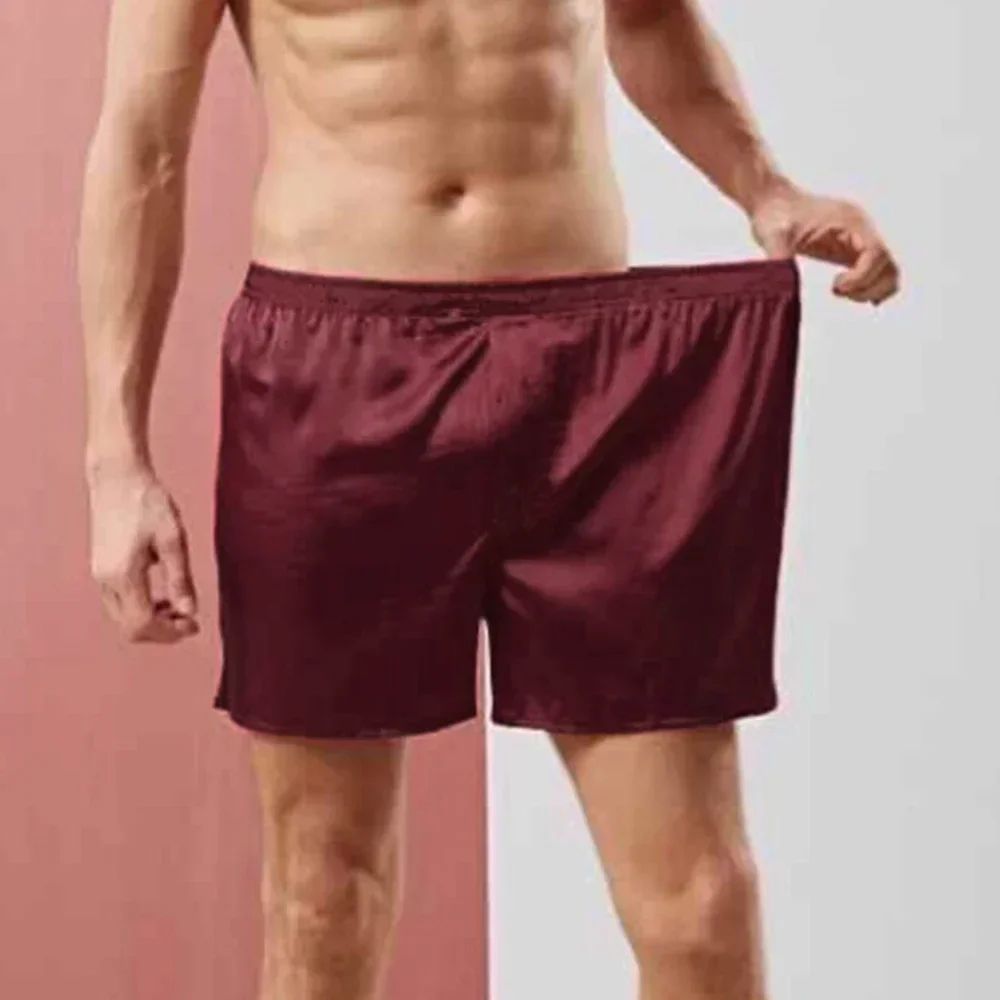 Men's Home Silk Satin Pajamas Shorts, Comfortable Sleep Bottoms in Purple, Wine Red, Silver Gray, and Blue Shades