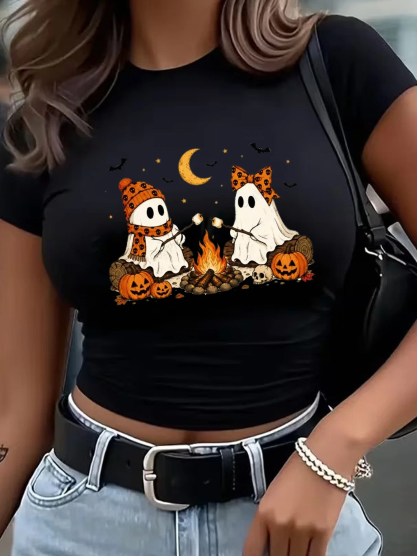 Cute Ghost Pumpkin Campfire Print Women's Crop Tops Halloween Autumn 2000s Y2K 90S Female Sexy Cropped Clothes