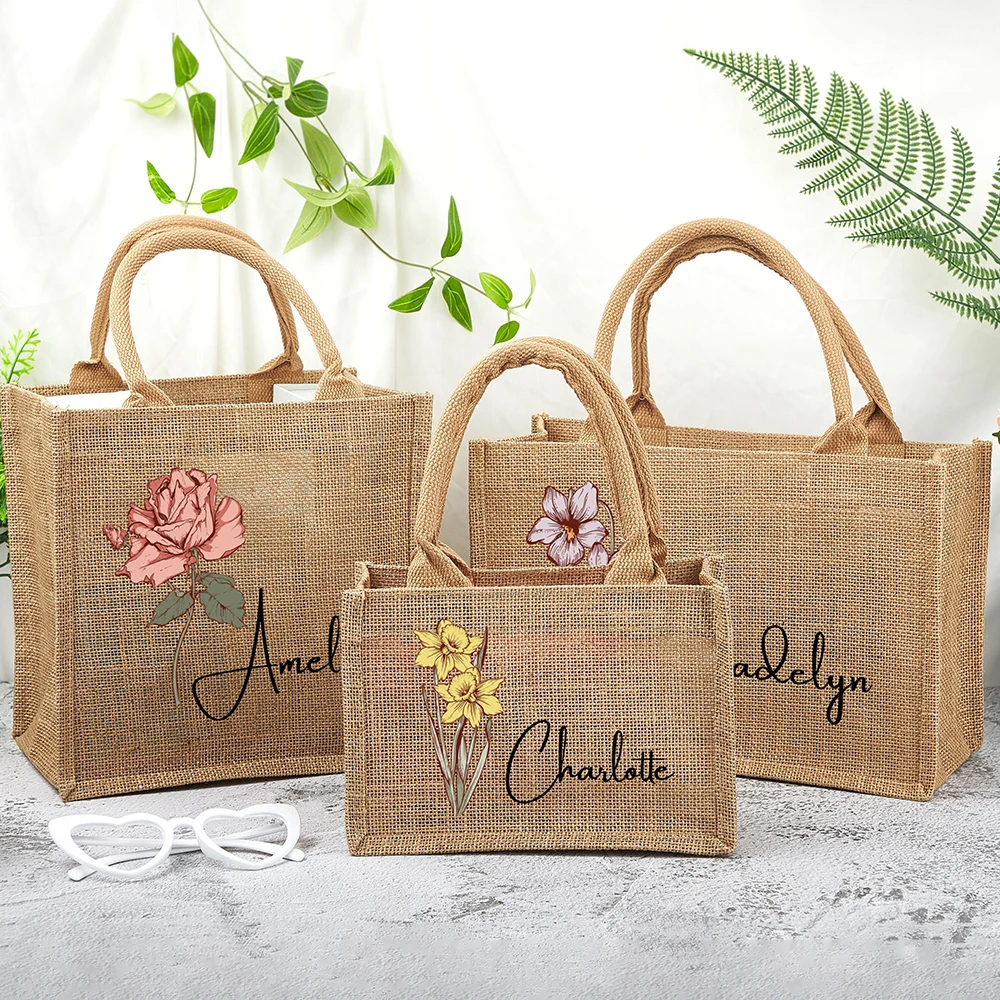 Custom Burlap Tote Bag as Personalised Gift for Women Bridal Shower Small Jute Tote Bag Birth Flower Bridesmaid Proposal Gift