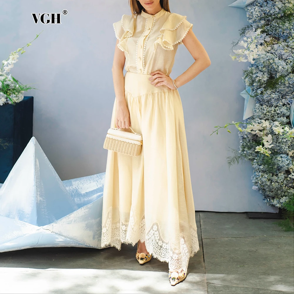 VGH Solid Two Piece Set for Women Stand Collar Short Sleeve Top High Waist Patchwork Irregular Lace Hem Skirt Casual Suit Female