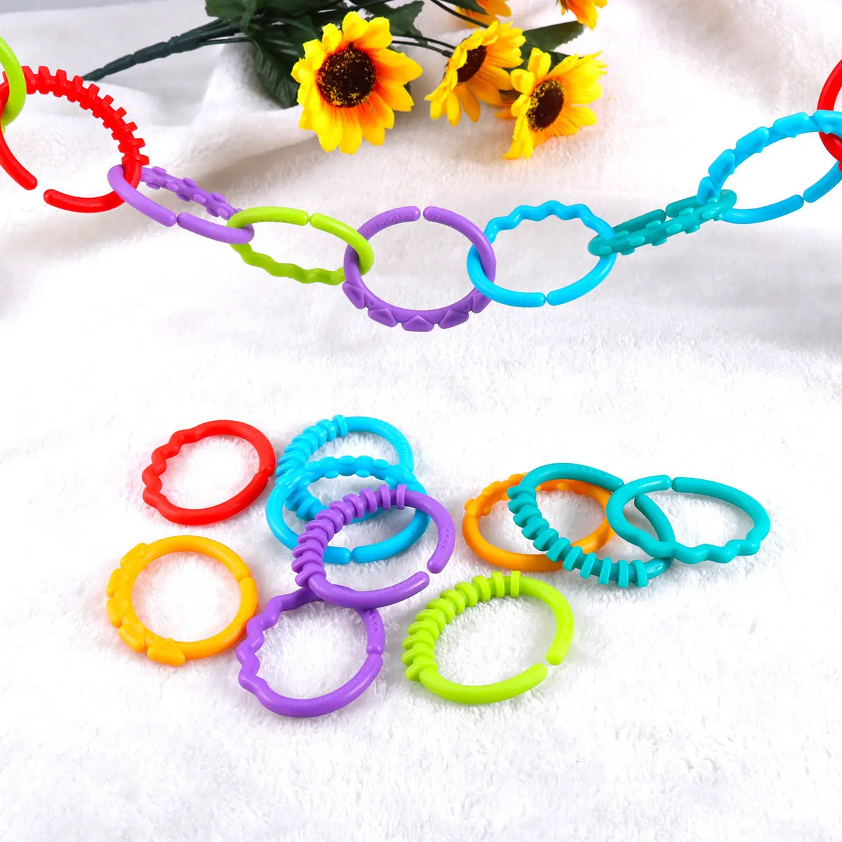 

24Pcs Infant Teether Rattle Links Lightweight Chewable Rings for Baby Stroller Car Seat Travel Accessories Teether Rings