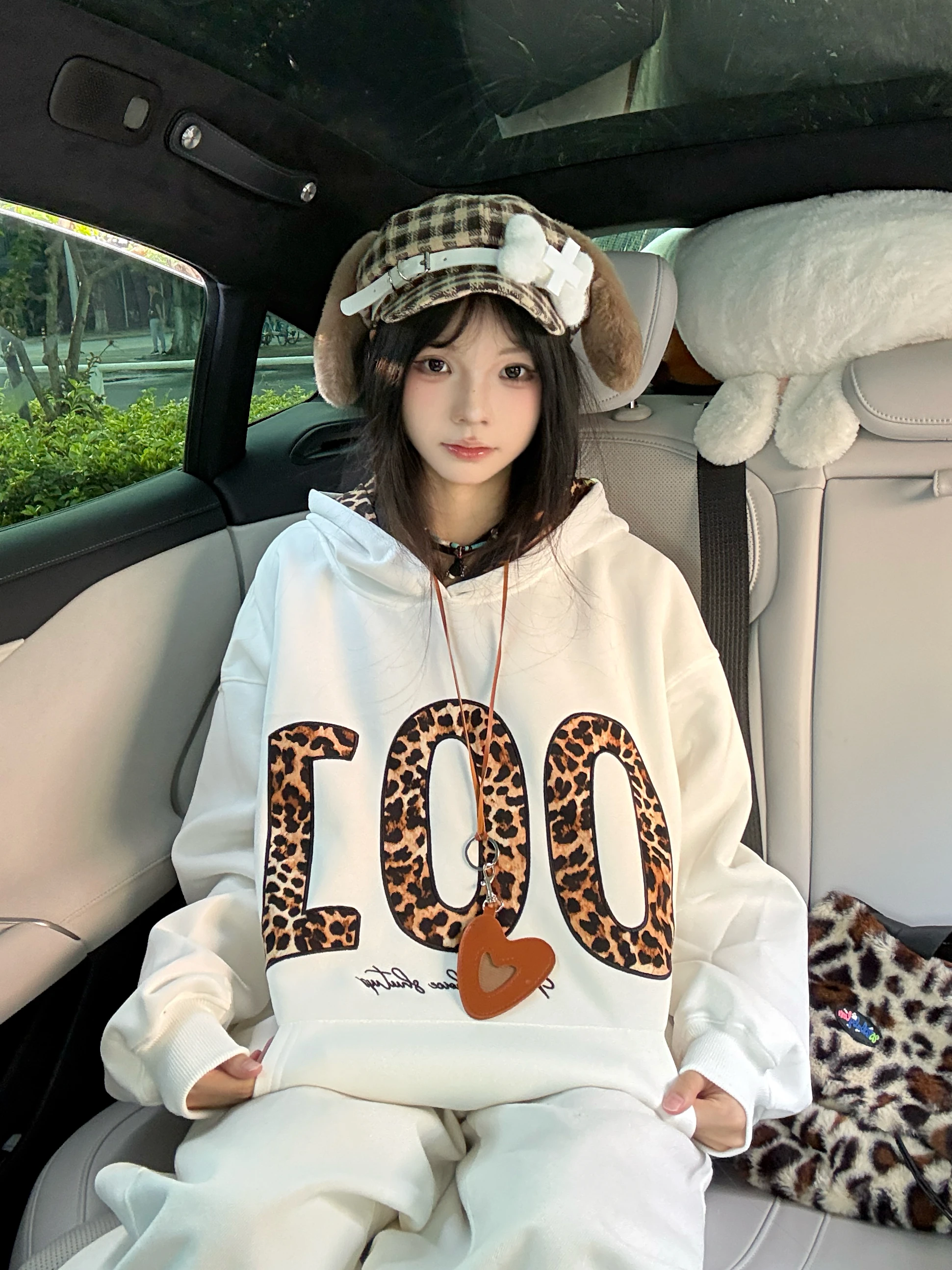 여성용 롱 슬리브 후드티 레오파드 프린트 패치워크 자수 스트리트 스타일 커플용 면 폴리에스터 혼방 편안한 핏 후드티