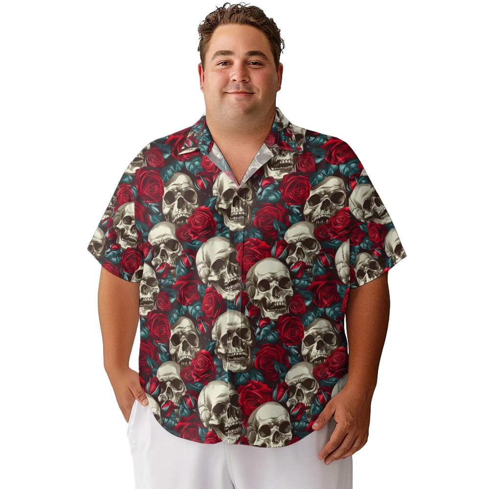 2024 new Hawaii Men's shirts plus size Halloween rose field skull printed clothing casual short-sleeved