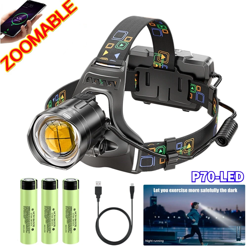 Linterna frontal Led XHP70/90 de alta potencia, recargable por USB, con Zoom, resistente al agua, para caza al aire libre, Camping