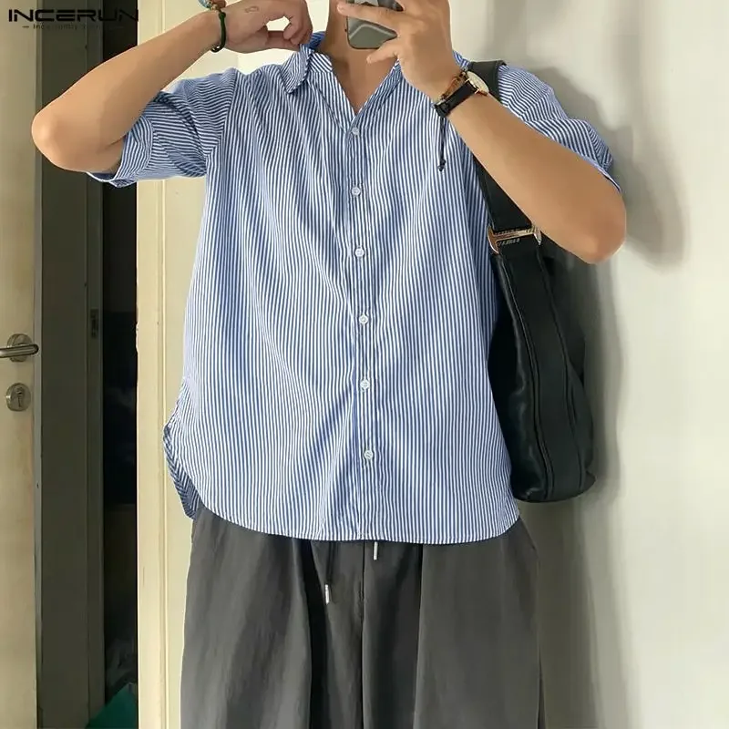 

Men Striped Shirt Lapel Half Sleeve Loose Streetwear Casual Men Clothes Summer 2026 Tops Fashion Shirts Camisa S-5XL INCERUN