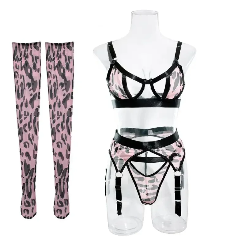 Wild Leopard Print Mesh Hollow Out Lingerie Set Intimates Four Piece with Long Socks Women Sexy Underwear Sensual Porn Costumes