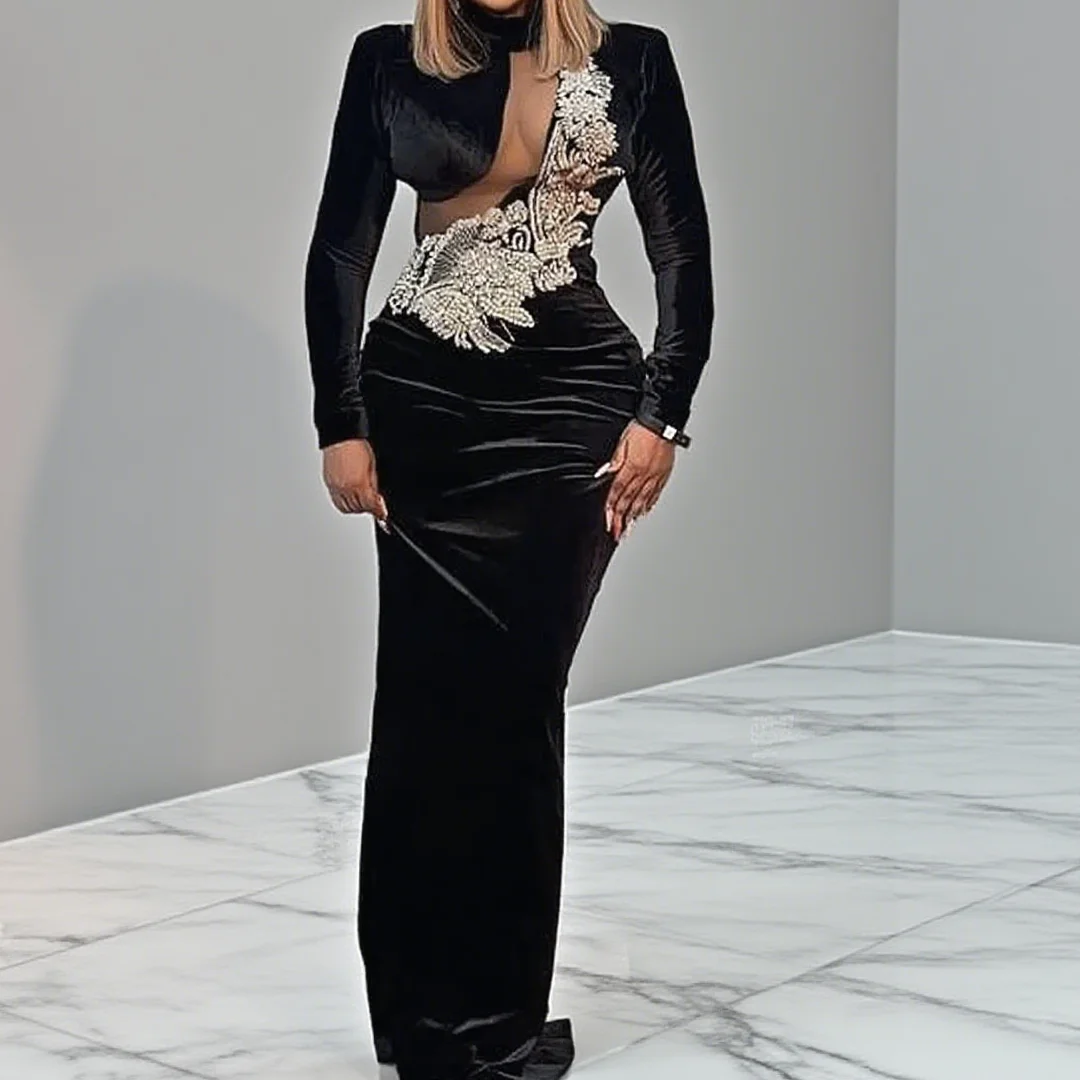 Abiti da festa formali per ragazze nere Velluto maniche lunghe Abito da sera Collo alto Appliques Perline Pieghe Abito da ballo a sirena Personalizzato