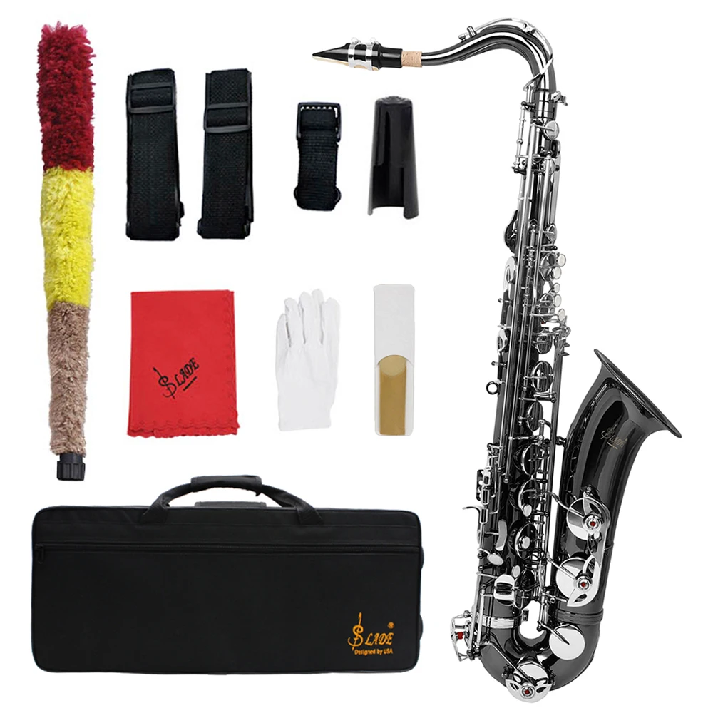 SLADE Bb Tenor Saxophone Brass Body Black Nickel-plated Sax Woodwind Instrument Saxofone with Case Reeds Gloves Accessories