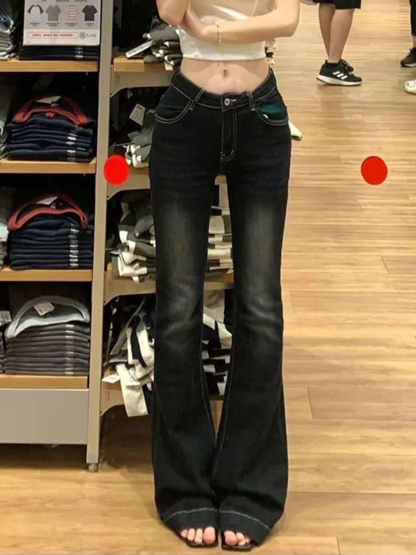 Retro American Style Bell Bottom Jeans Women's Slimming Straight Leg Ankle Length Pure Color Denim Casual Trousers