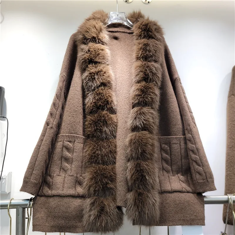 High Quality Imitation Fox Fur Collar Patchwork Knit Sweater Cardigan Jacket Loose Casual Big Pocket V-Neck Long Sleeve Knitwear