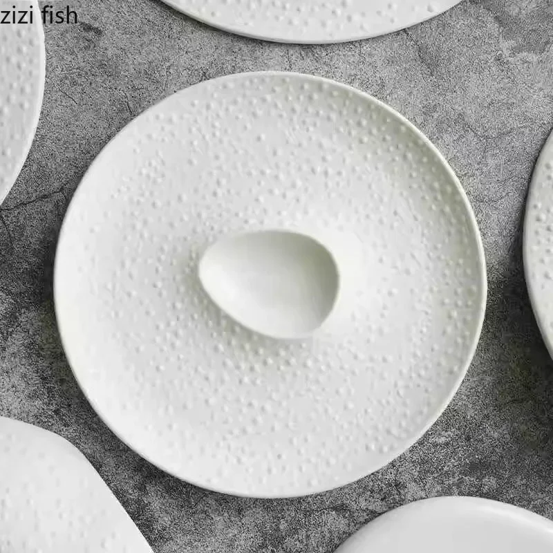 Pure White Bead Dot Ceramic Plate Irregular Dessert Plate Sushi Plate Thick Soup Plates Creative Molecular Cooking Tableware
