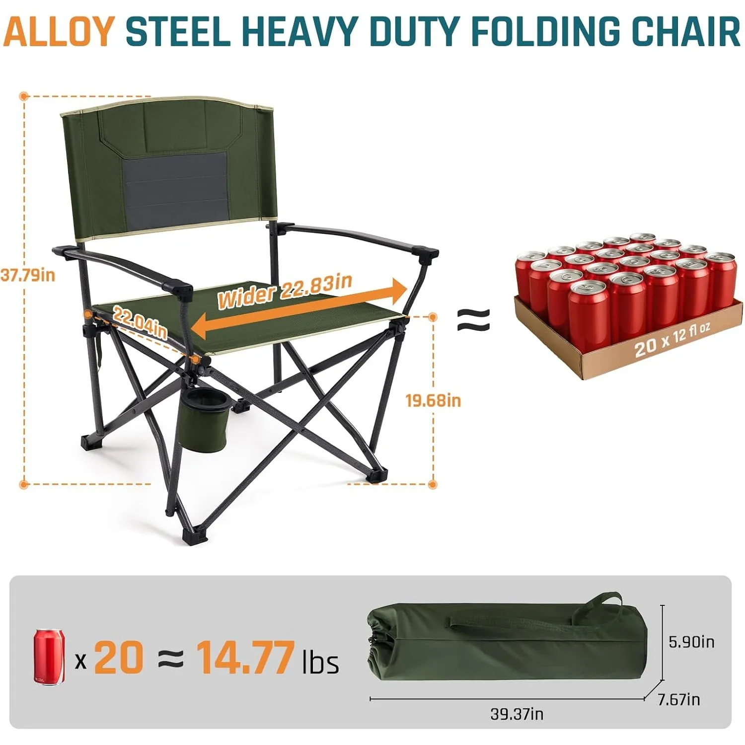 كرسي تخييم عالي التحمل للبالغين بسعة وزن 400 رطل، كرسي كبير الحجم قابل للطي مع حامل أكواب ومساند للذراعين