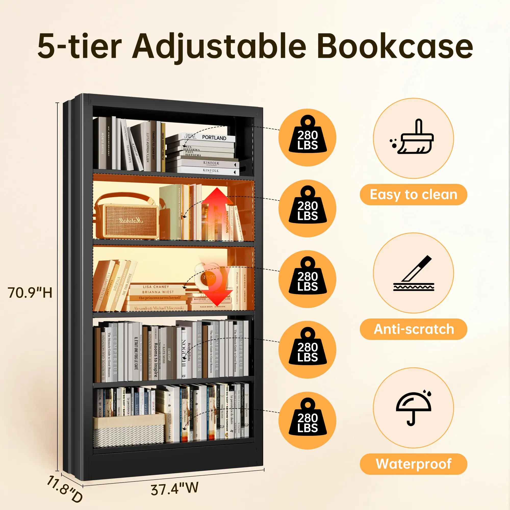 5-Tier Bookcase with Adjustable Storage Shelves, Heavy Duty Bookcase, Metal Bookshelf with Book Stopper, Black Bookcase