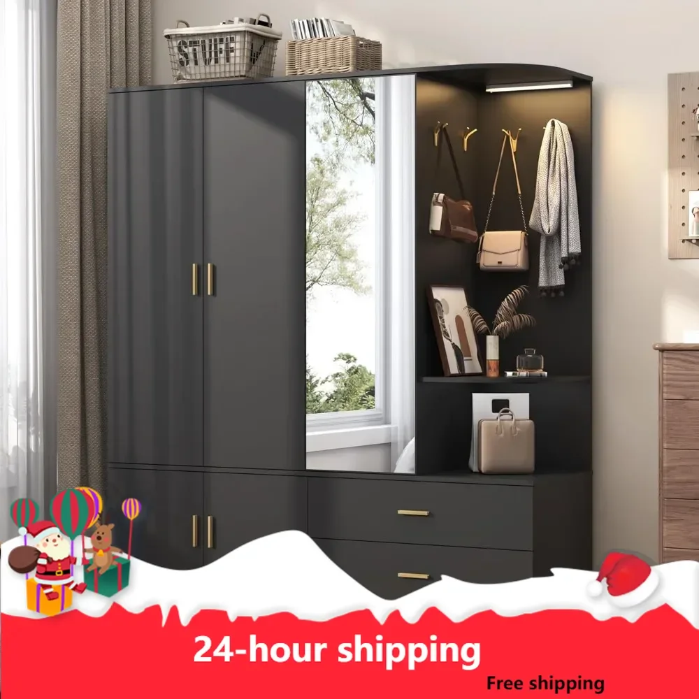 Armoire Wardrobe Closet with Mirror and Sensor Light,Bedroom Armoire with 5 Doors 2 Drawers, Modern Wooden Large Wardrobe Closet