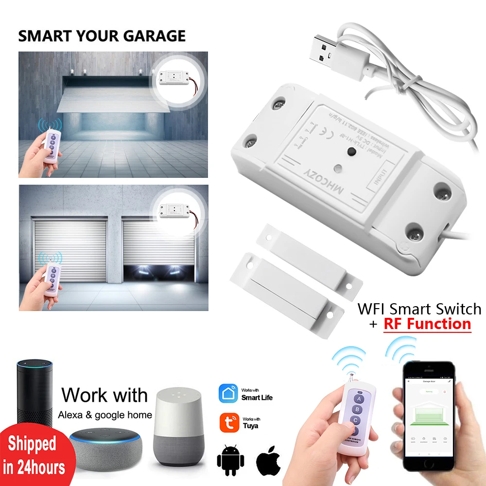 Tuya 2023 New Wireless Sensor Garage Door Opener Wifi RF Switch 433MHz Remote Control Work With Google Home Alexa Voice Control