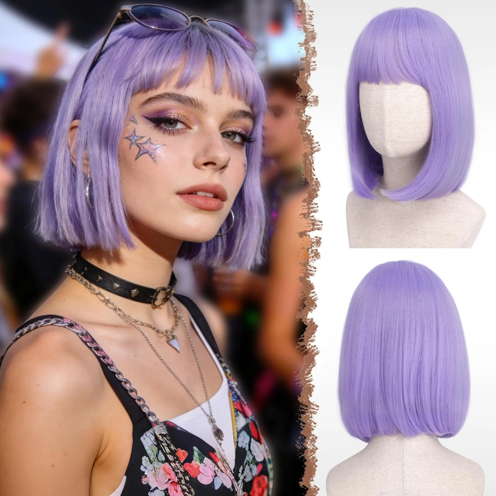 Light purple bob hairstyle short straight synthetic wig for Halloween party cosplay role-playing wig daily wig hot wire wig set