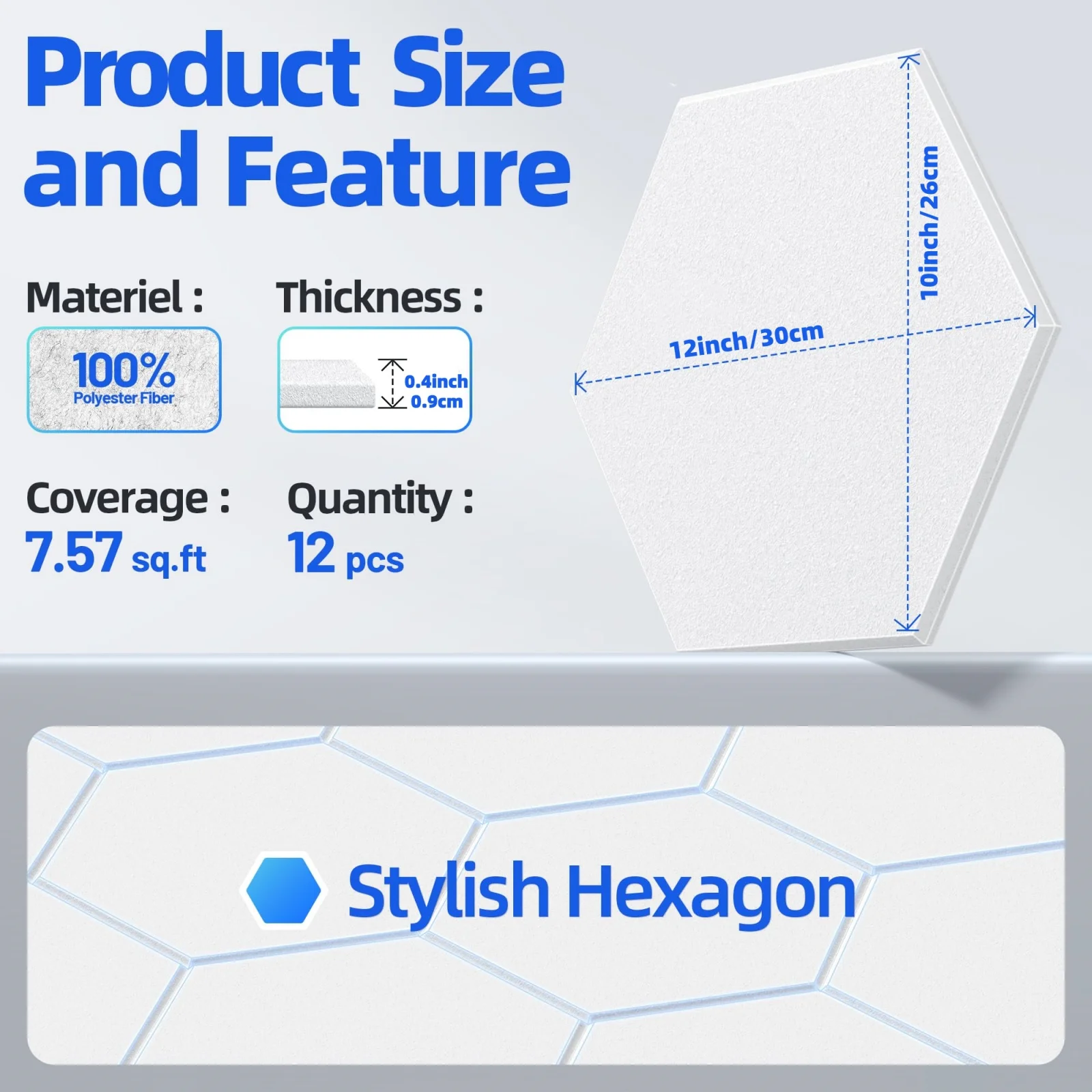 12-Pack Self-Adhesive Hexagonal Acoustic Panels (30x26x0.9cm), High Density Sound Absorbing Wall Tiles for Recording Studios
