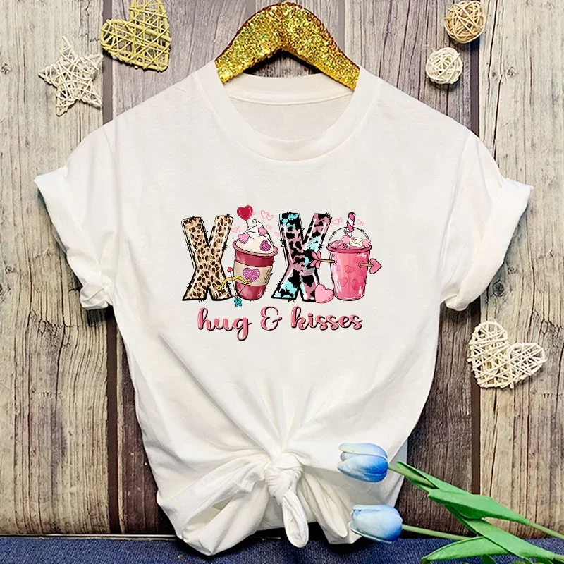 Women T-Shirts Valentine'S Day Xoxo Hug Kisses Short Sleeve Shirts Summer tops Valentine'S Day Xoxo Hug Kisses Letter Printed