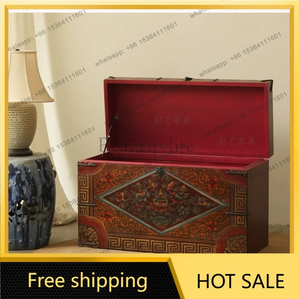 LD Tibetan hand-painted buckle box solid wood painted pattern box painted box coffee table