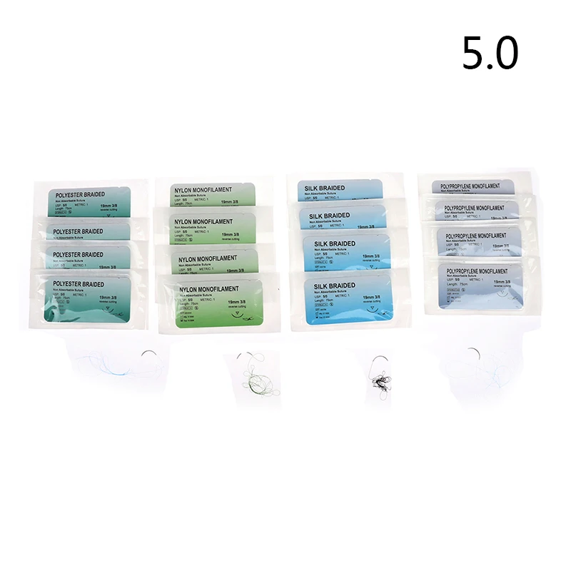 Kit de pratique de suture avec 12 aiguilles de 75 cm (2/0, 3/0, 4/0, 5/0) et fils de nylon et polyester pour démonstrations pédagogiques et exercices