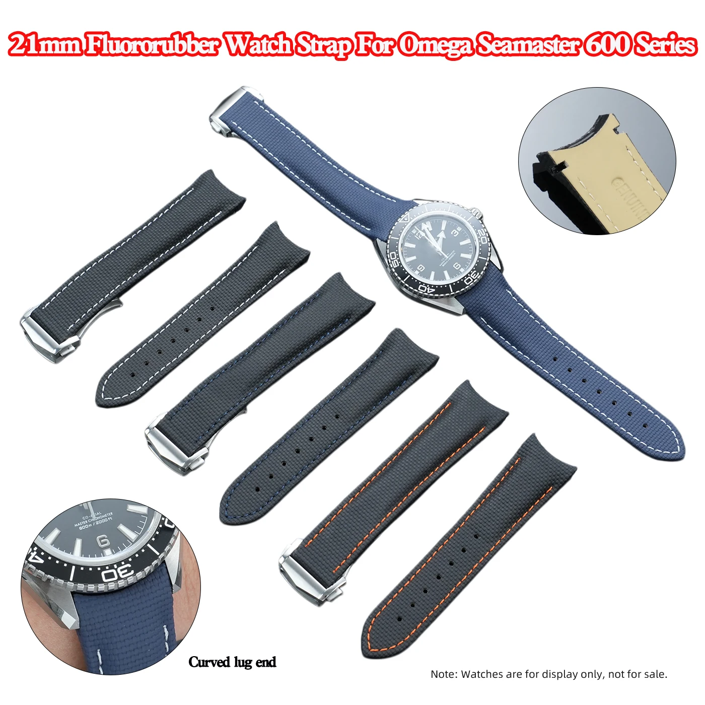 

Ремешок для часов из фторкаучука с изогнутым концом 21 мм для Omega Seamaster 600, циферблат 42/43,5 мм, высококачественный мягкий резиновый ремешок для часов, черный/синий
