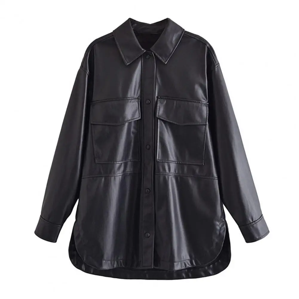 Smooth PU Faux Leather Shirt Women Spring Fall Windproof Jacket Long Sleeve Loose Split Hem Mid Length Cardigan Shirt Coat