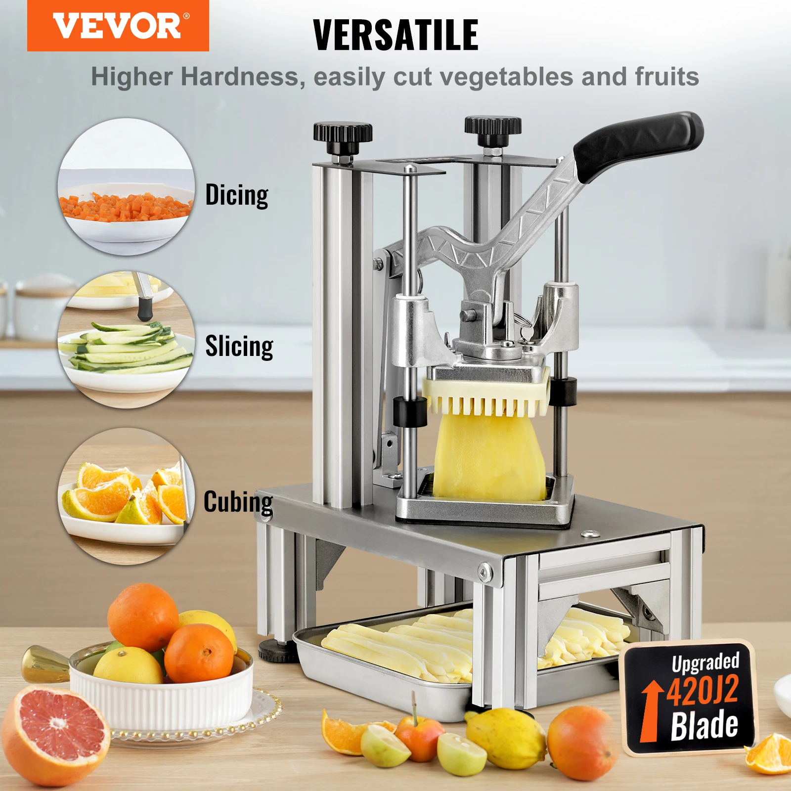 VEVOR Commercial French Fry Cutter w/4 Replacement Blades,1/4″& 3/8″ Blade Easy Dicer Chopper,6wedge Slicer & 6wedge Apple Corer