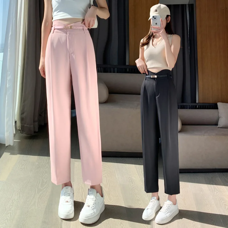 Real Shot Video Three Standard Casual Simple Solid Color Wide-Leg Pants Women's Loose High Waist Commuter Cropped Pants Cigarett