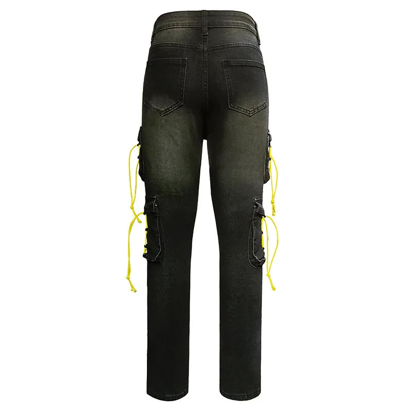 กางเกงยีนส์ผู้ชายสไตล์เรโทรขาดๆ หลายกระเป๋า กางเกงคาร์โก้แฟชั่นทรงสลิม ขาสั้น