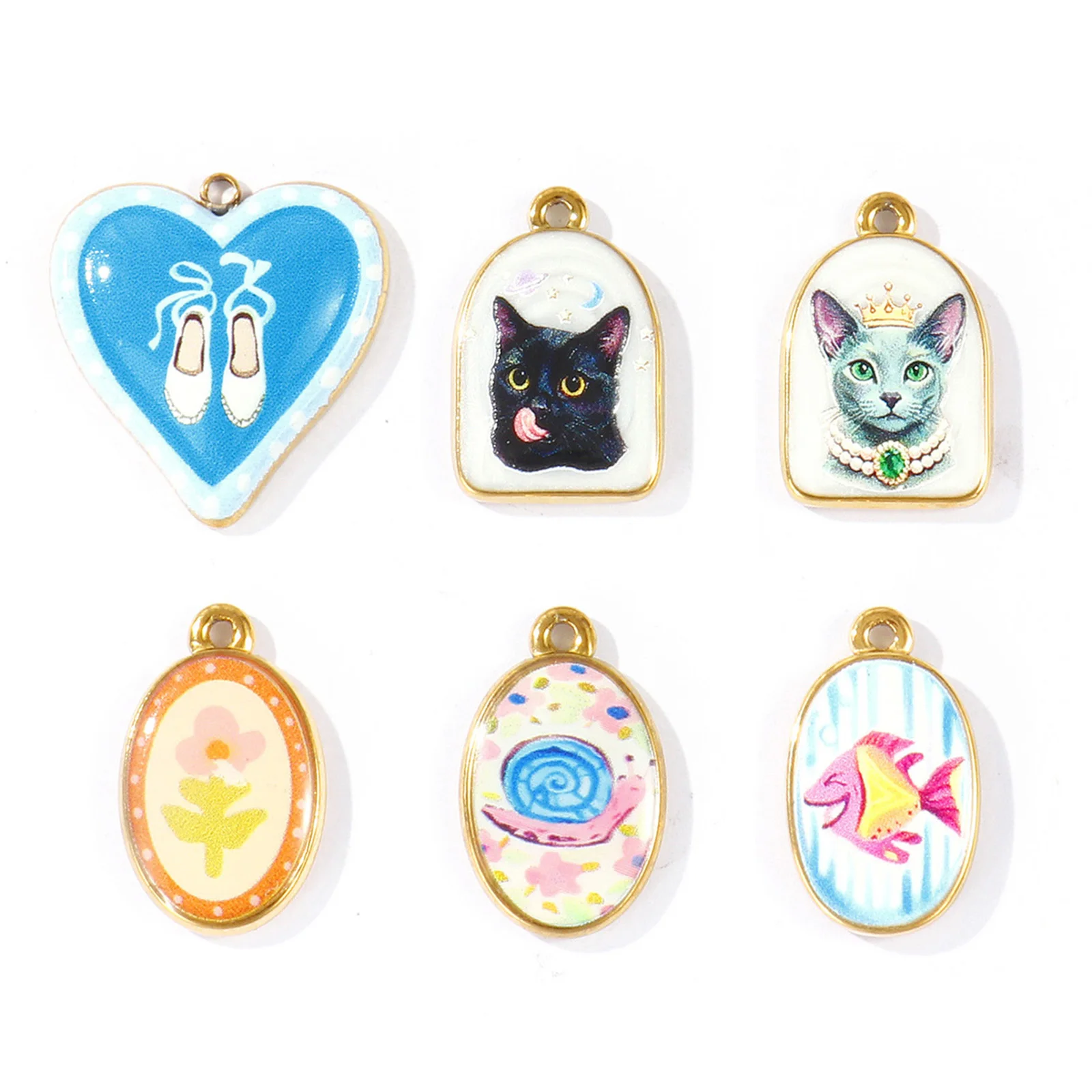 2 PCs 304 Stainless Steel Charms 18K Gold Plated Heart Printed Flower Cat Snail Tropical fish Pendants For DIY Necklace Making