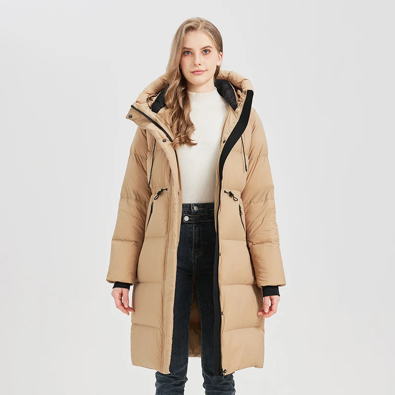 Schwarze Kapuzenjacke aus 90 % weißer Gänsedaunenjacke für Damen, modisch, hoher, flauschiger Kordelzug, langer Overknee-Gänsedaunenmantel, 2026 Winterneu