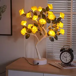 Árbol de flores rosas con luces de hoja, luz nocturna de hadas, lámpara de mesa con batería USB, fiesta en casa, boda, dormitorio, regalos de decoración, 24LED